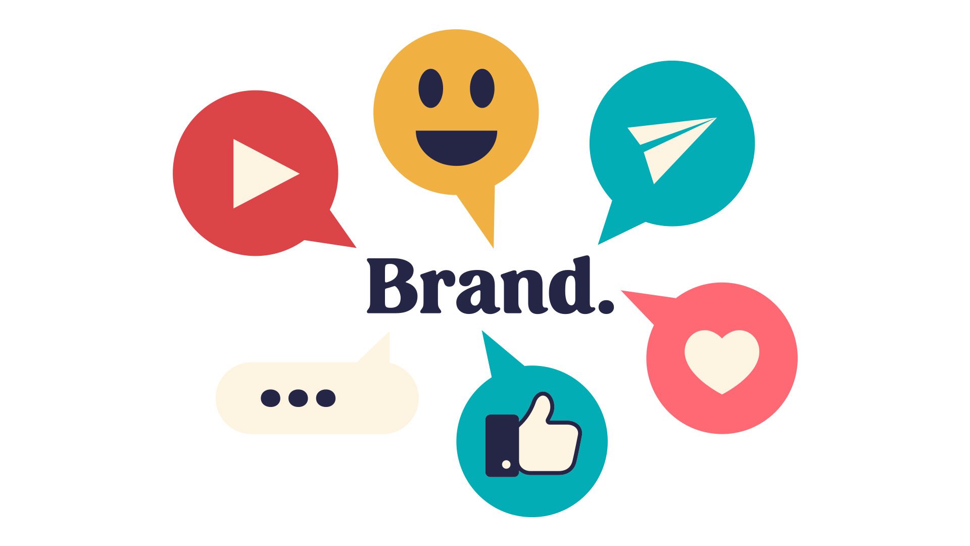 Brand in media illustrated by icons for messaging and social media