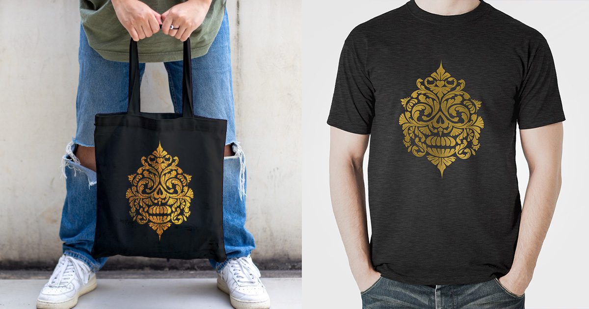 Gold skull damask pattern on a shirt and tote