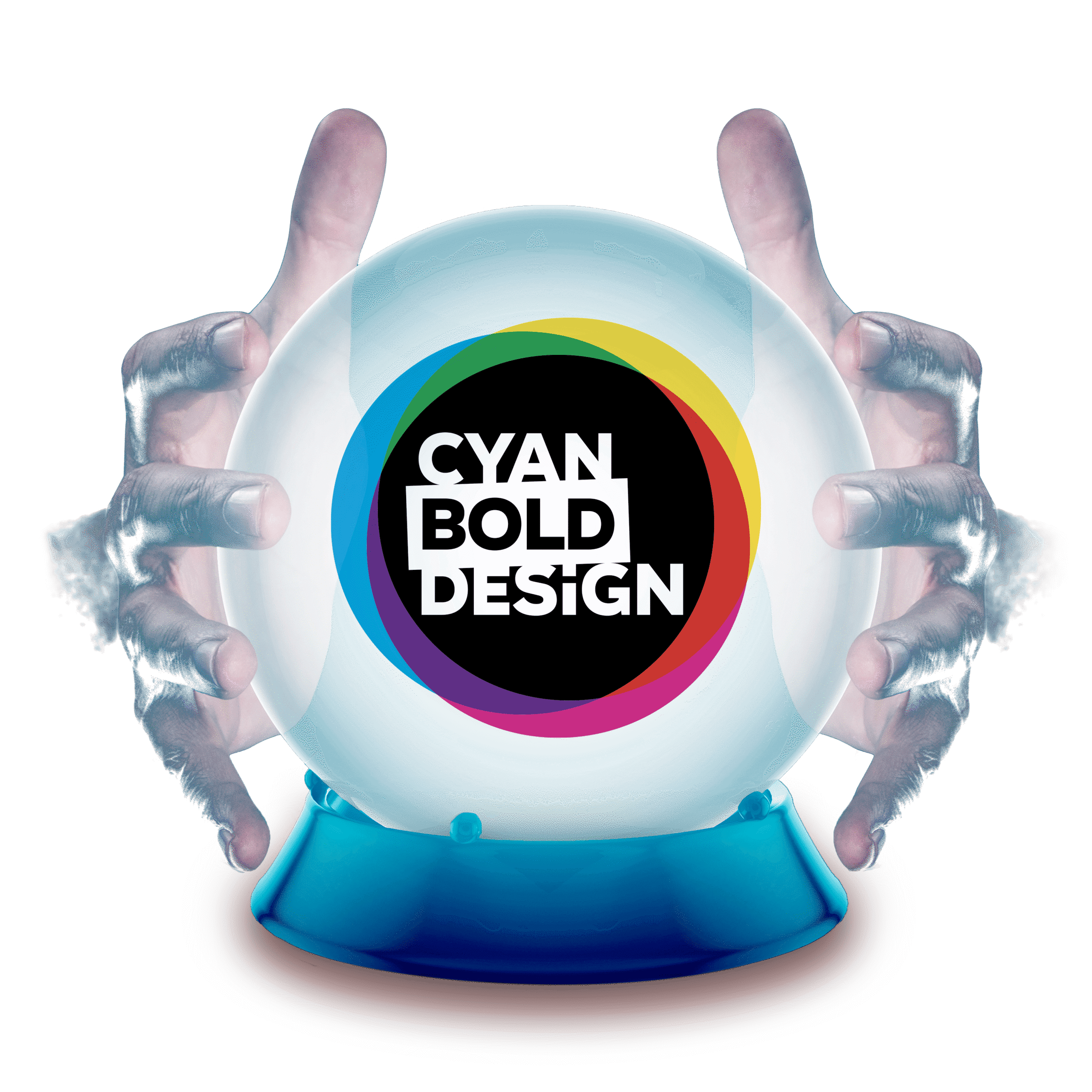 Crystal ball with Cyan Bold Design logo in it