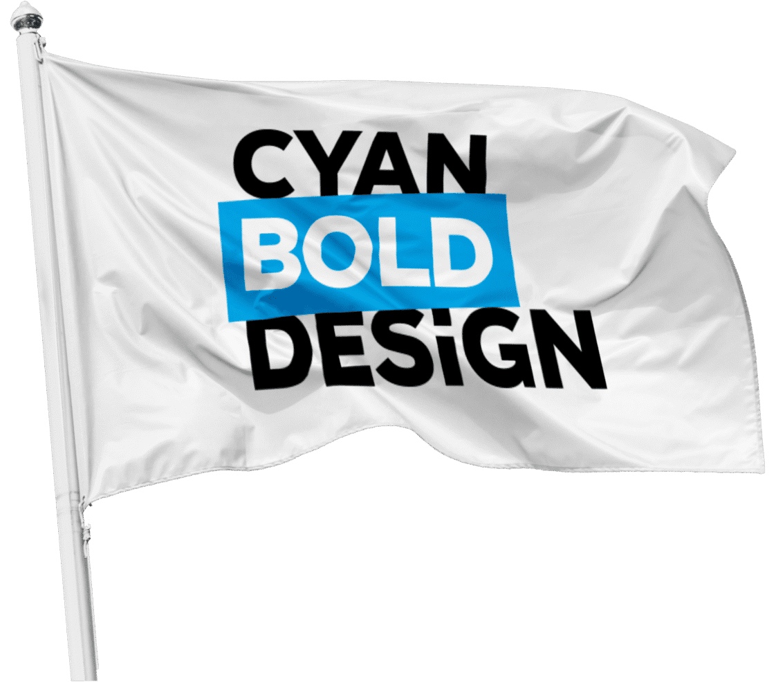 White flag with Cyan Bold Design logo on it