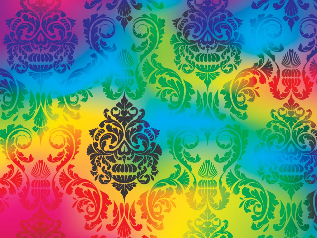 Skull damask pattern on a rainbow gradient background